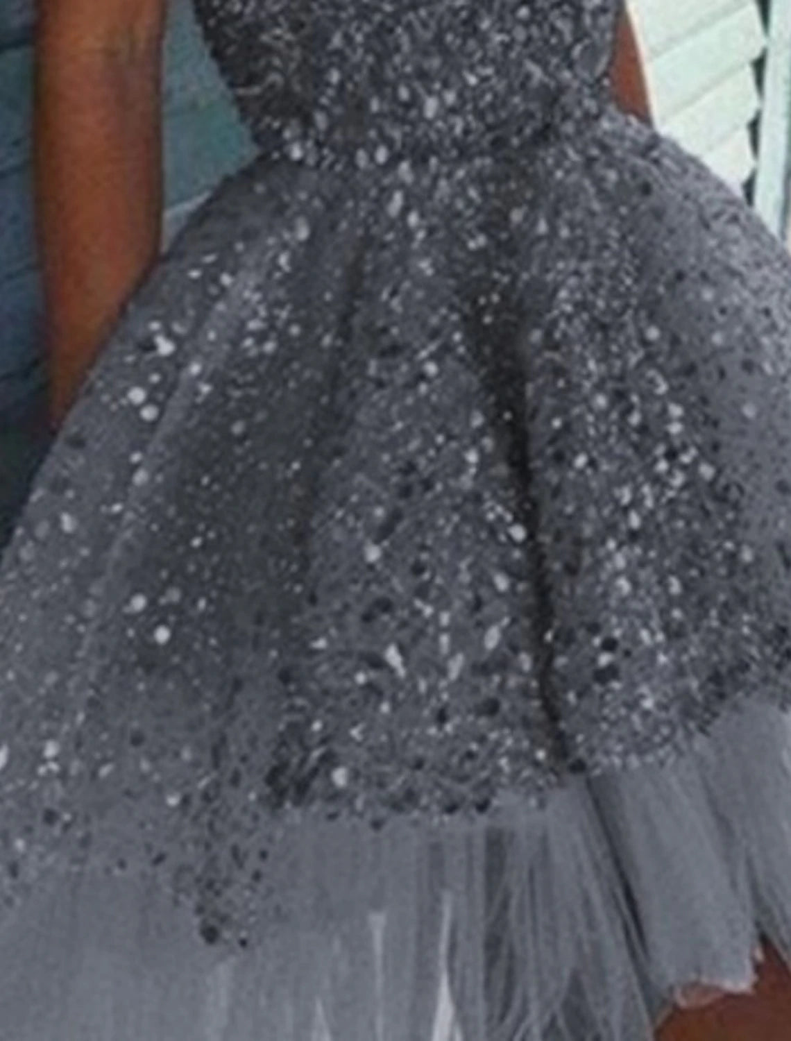 Grey Sequin Short A-Line Evening Dress - Straight Neck