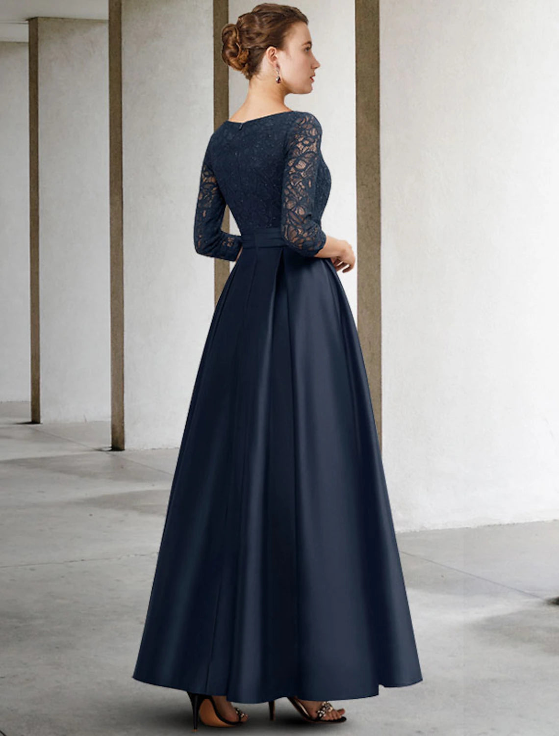 Dark Navy Satin A-Line V-Neck Floor-Length Evening Dress with Lace Bodice