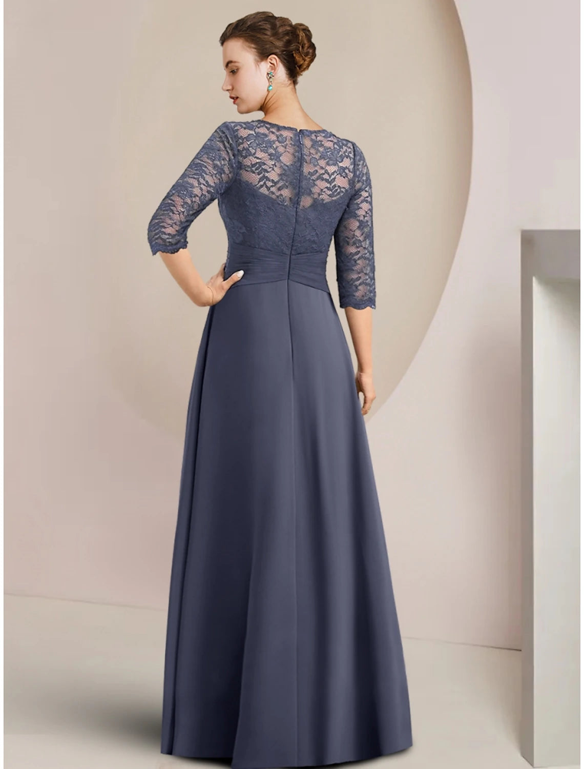 Dusty Blue A-Line Floor-Length Bridesmaid Dress with Lace Bodice & Boat Neck