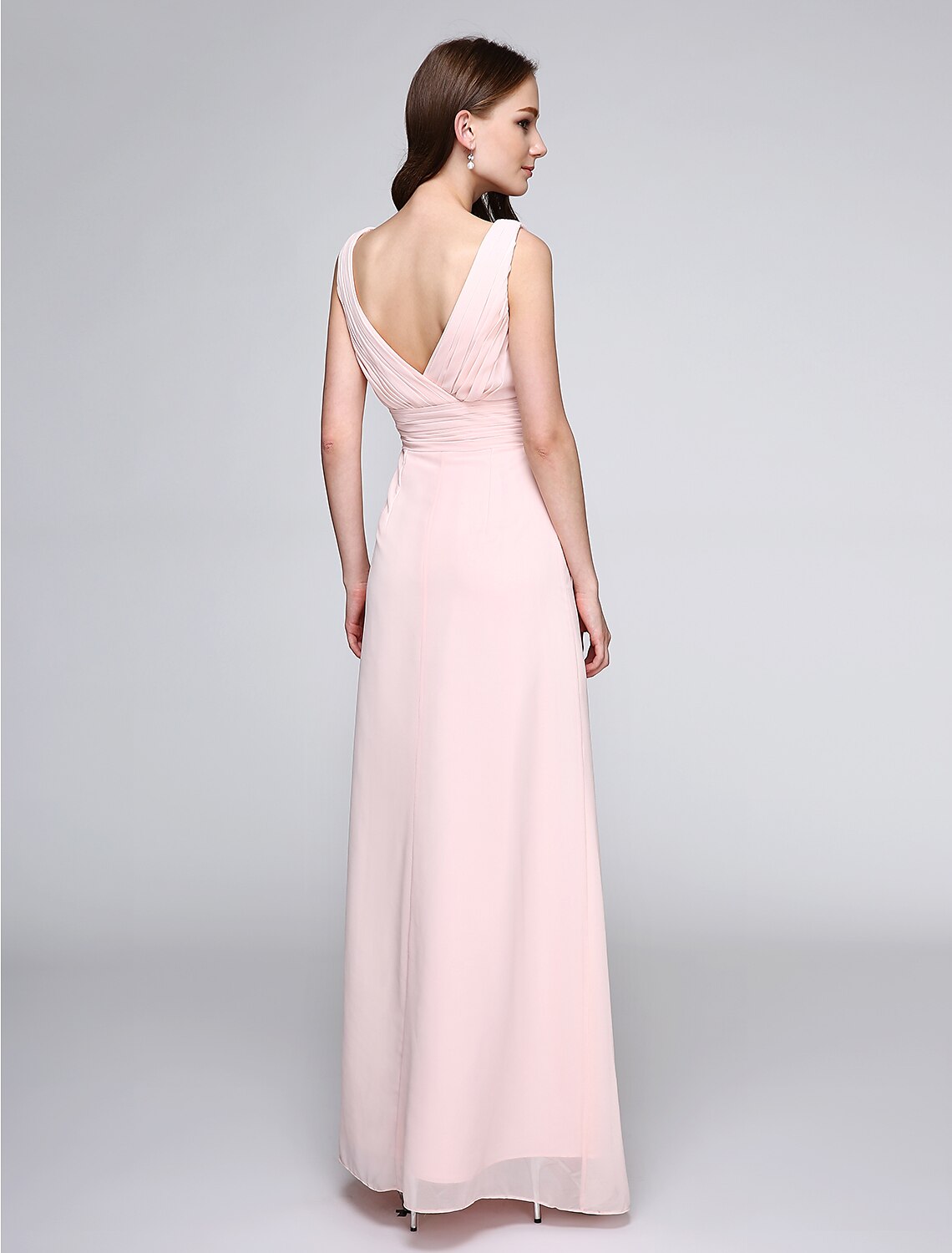 Abito da damigella d'onore a tubino/colonna, scollo a V, senza maniche, elegante, lunghezza pavimento, in chiffon con incrocio/arricciatura