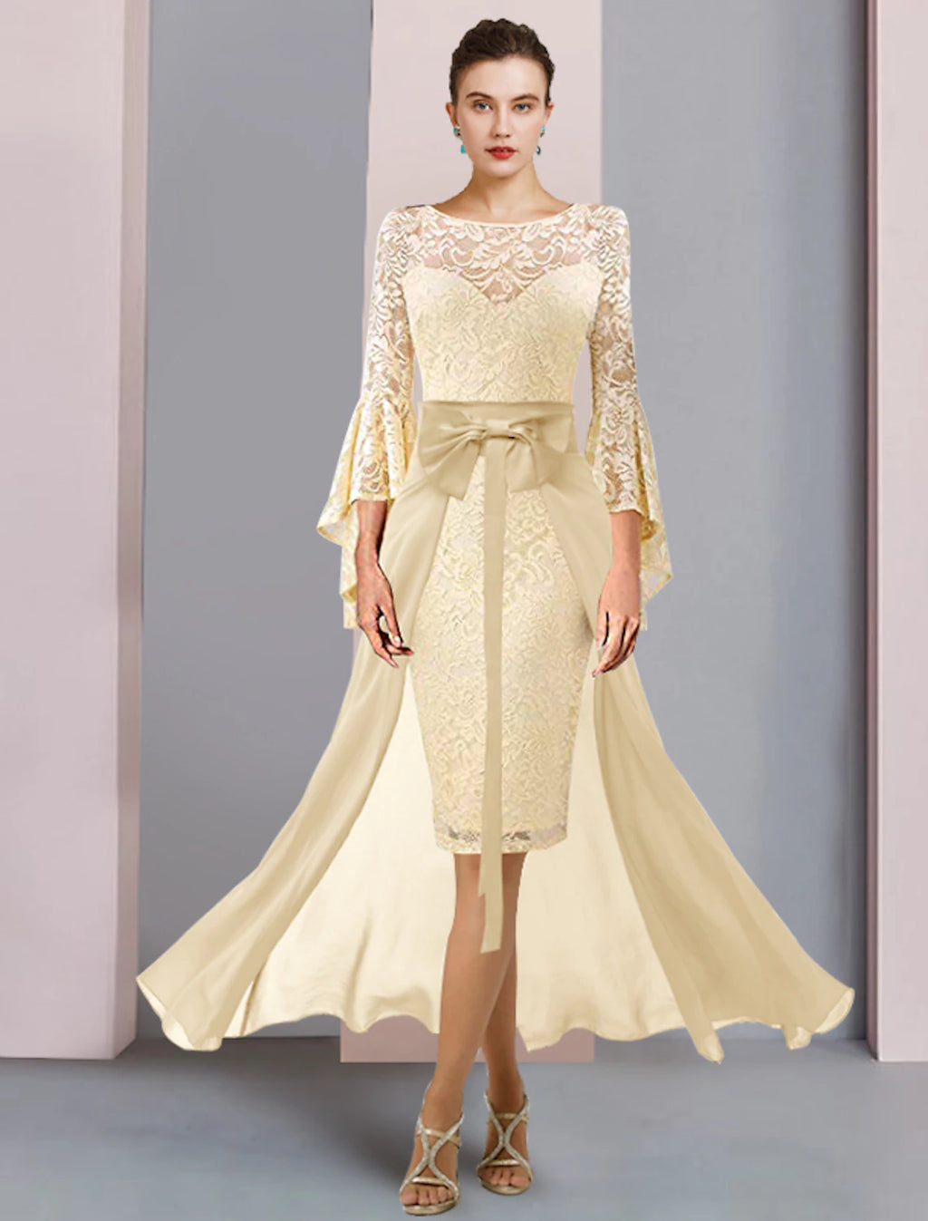 Champagne Lace Chiffon Evening Dress with Bell Sleeves & Boat Neck | Floor-Length Gown
