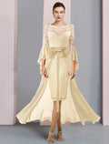 Champagne Lace Chiffon Evening Dress with Bell Sleeves & Boat Neck | Floor-Length Gown
