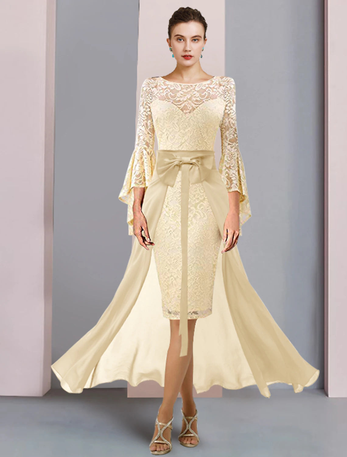 Champagne Lace Chiffon Evening Dress with Bell Sleeves & Boat Neck | Floor-Length Gown