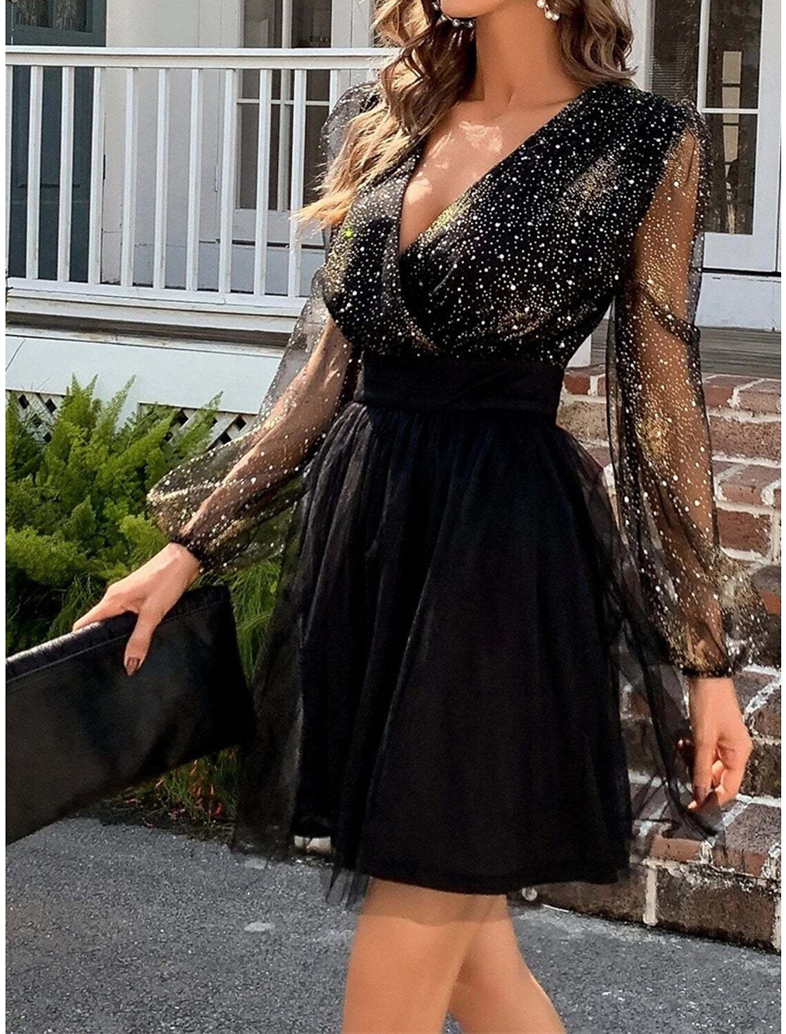 Women‘s Little Black Dress Sexy Dress Party Dress Homecoming Dress Mini Dress Long Sleeve Color Block Ruched Fall Winter V Neck Fashion Winter Dress Black Cocktail Dress