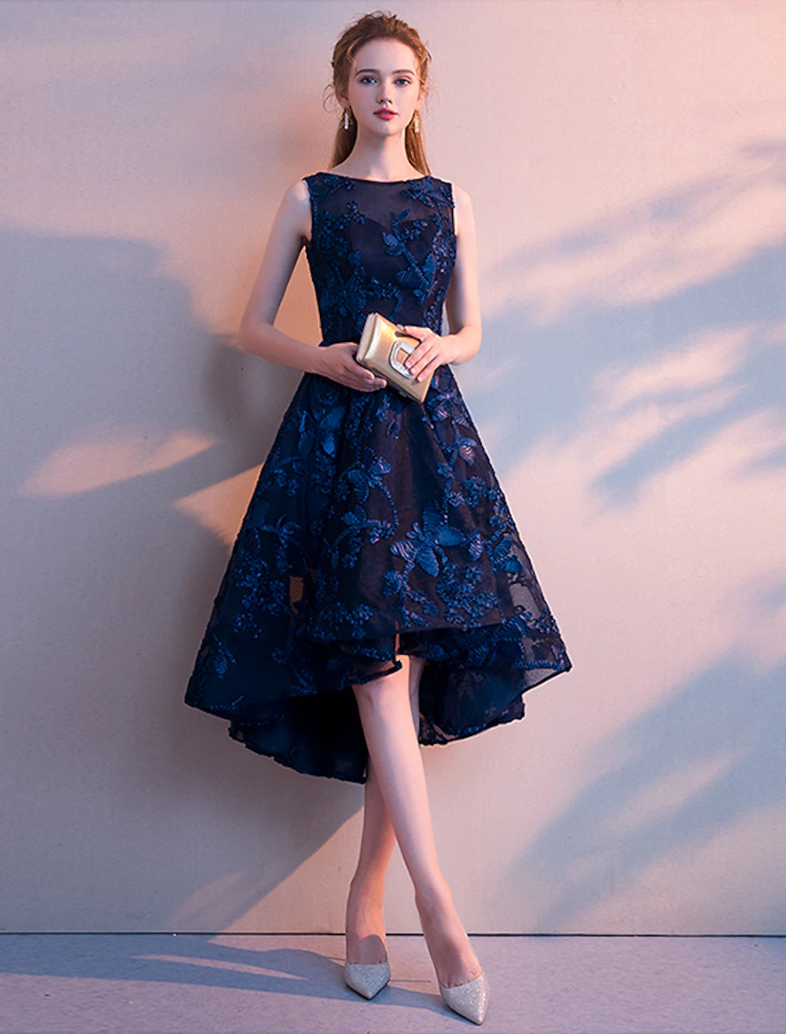 Dark Navy Mesh A-Line High-Low Dress with Intricate Floral Embroidery
