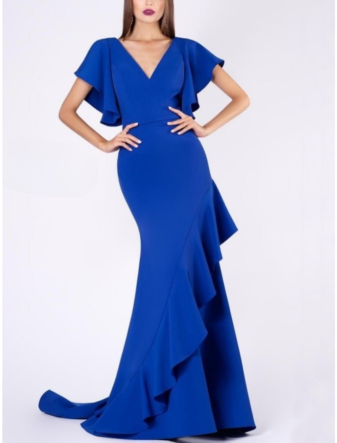 Mermaid / Trumpet Evening Gown Elegant Dress Fall Sweep / Brush Train Short Sleeve V Neck Fall Wedding Reception  Fabric with Ruffles 2025