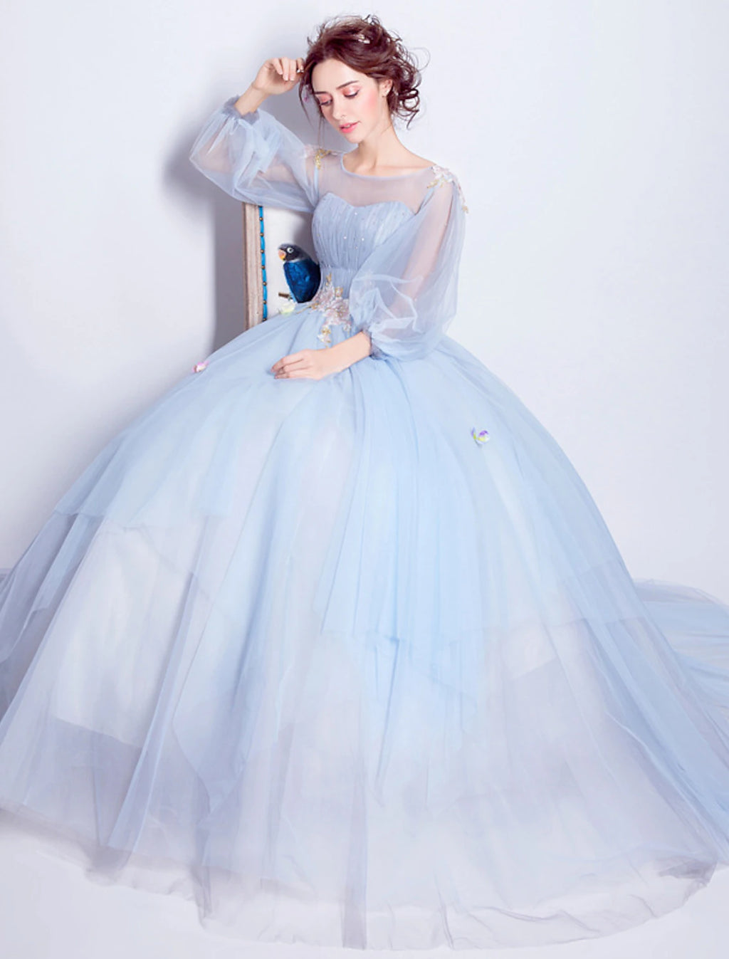 Sky Blue Tulle Ball Gown Floor-Length Dress with Illusion Neck & Floral Embroidery