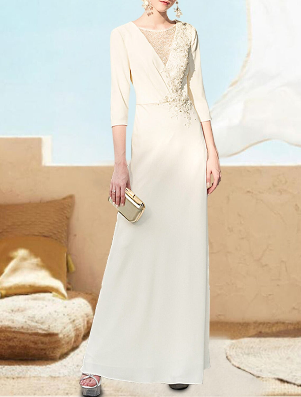 Ivory Chiffon A-Line Floor-Length V-Neck Dress with Embroidered Bodice