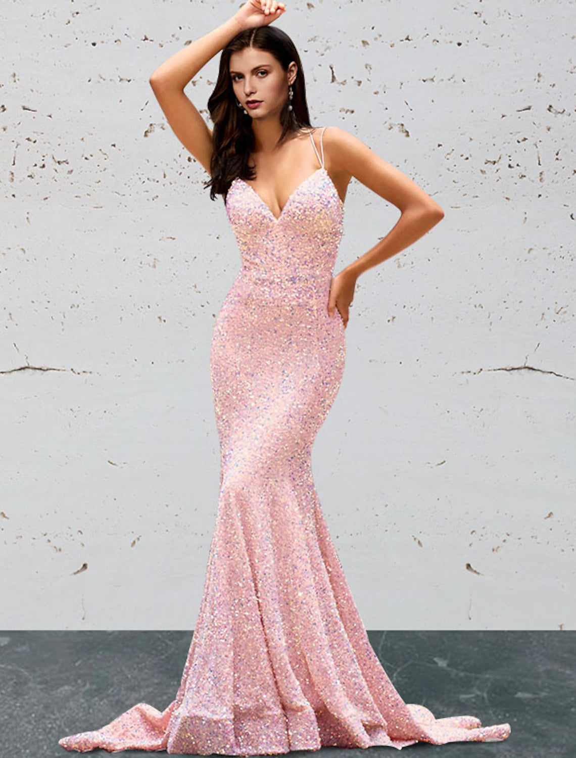 Pink Sequin Mermaid Floor-Length Evening Dress with V-Neck