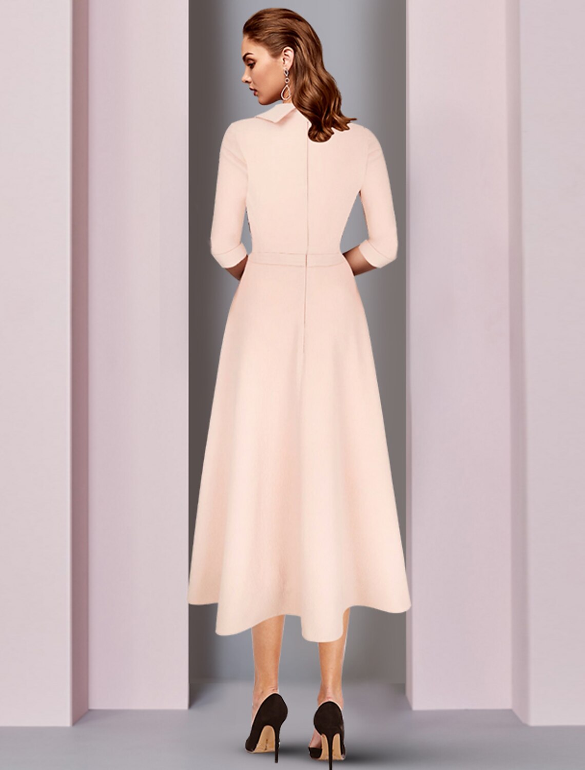 Abito da madre della sposa a trapezio, elegante, con scollo a V, asimmetrico, lunghezza tè, in raso, manica a 3/4, con fascia/nastro, tinta unita