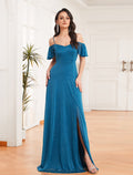 Teal Glitter Fabric A-Line Floor-Length Bridesmaid Dress