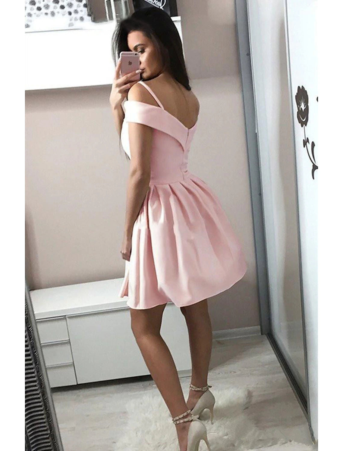 Pink Satin A-Line Off-the-Shoulder Short Dress with Pleated Skirt