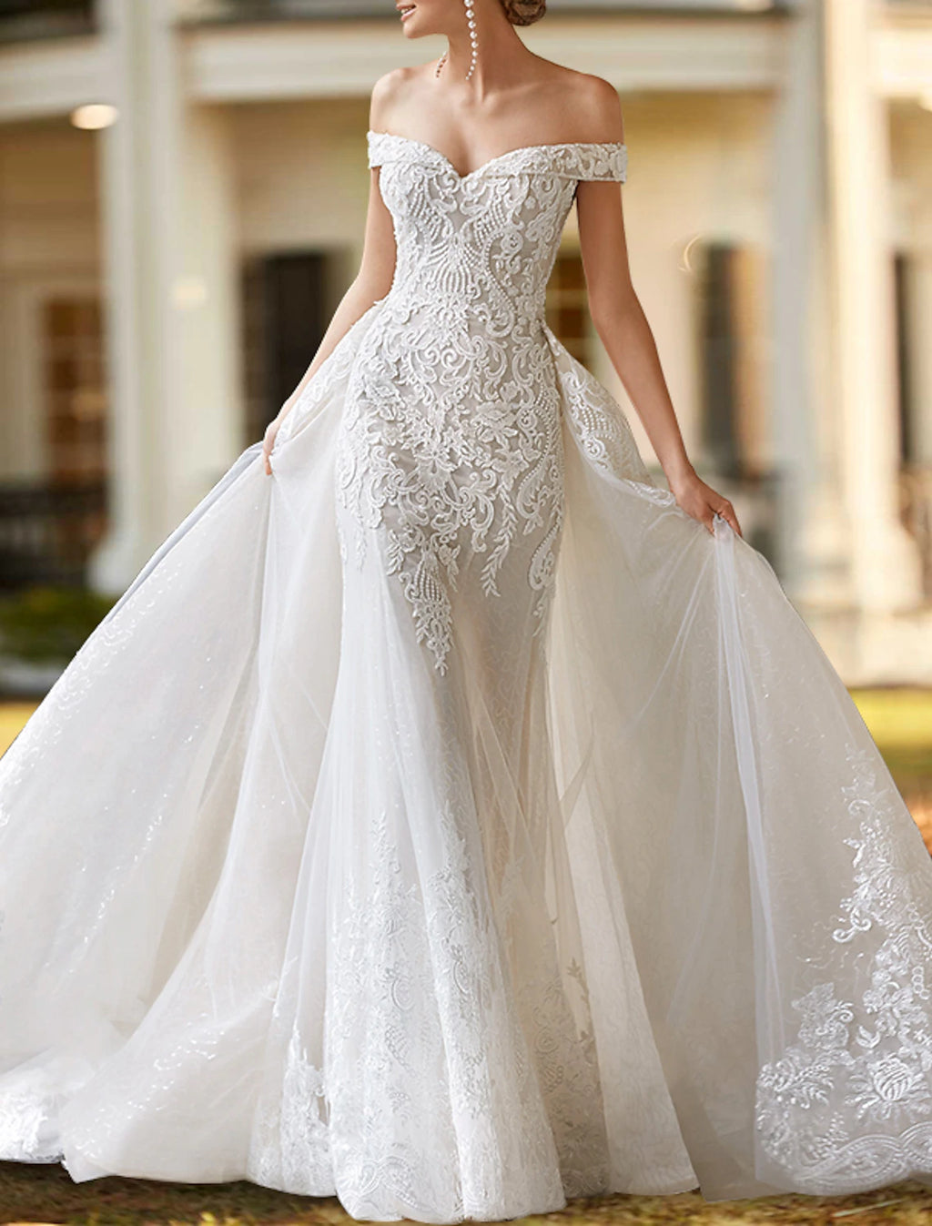 Ivory Lace Mermaid Off-the-Shoulder Floor-Length Dress with Detachable Overskirt