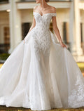 Ivory Lace Mermaid Off-the-Shoulder Floor-Length Dress with Detachable Overskirt
