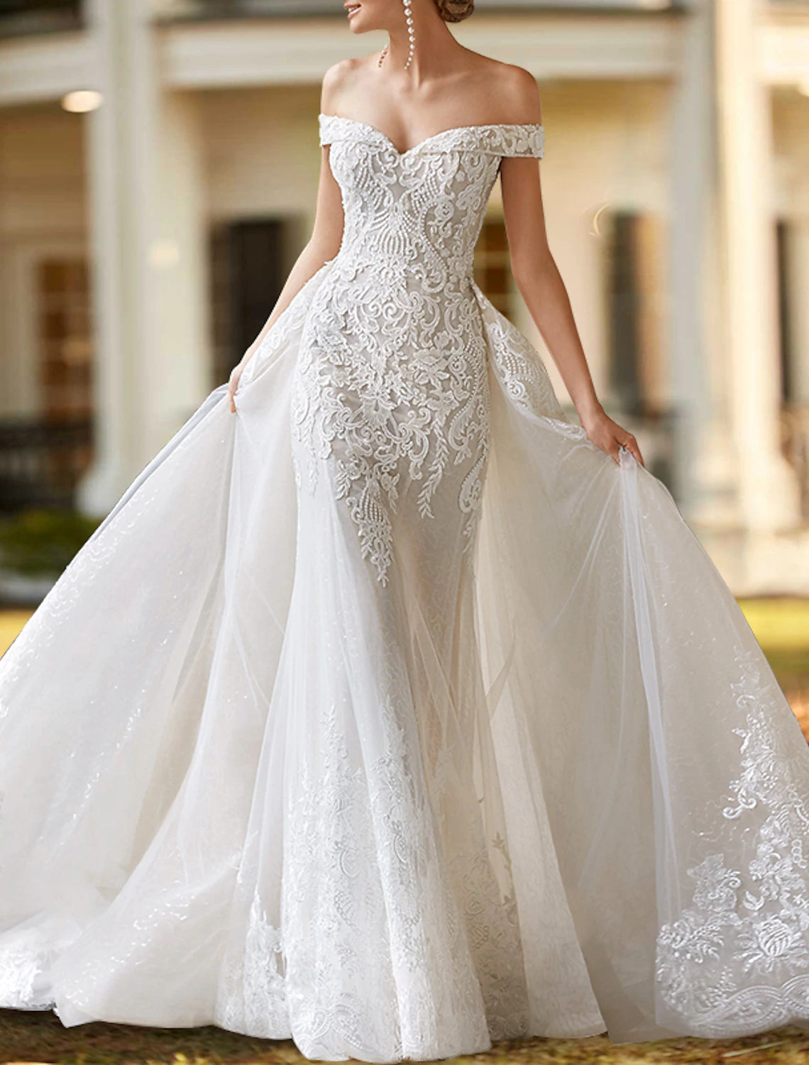 Ivory Lace Mermaid Off-the-Shoulder Floor-Length Dress with Detachable Overskirt