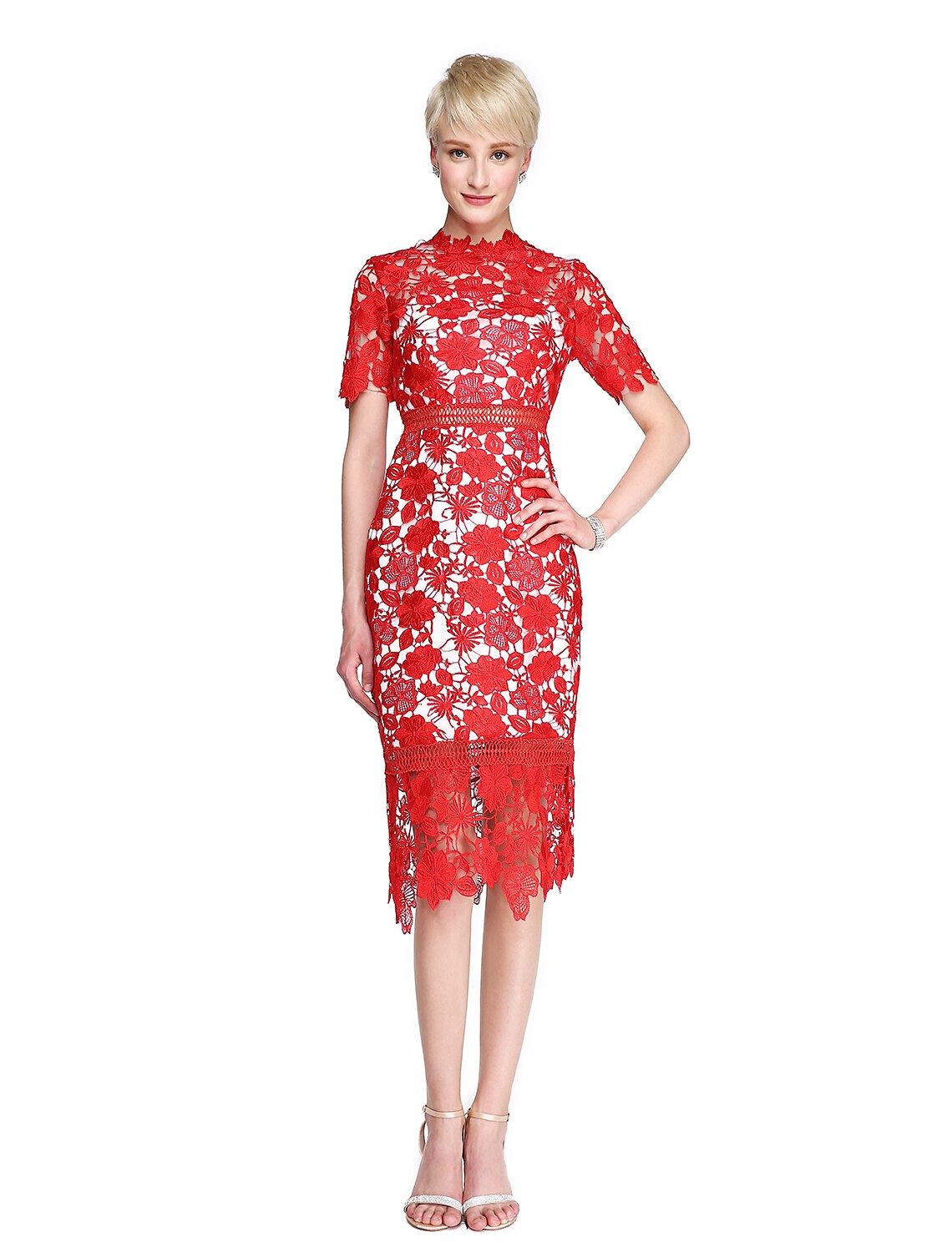 Abito da madre della sposa a tubino/colonna, trasparente, collo alto, lunghezza al ginocchio, pizzo, maniche corte, senza pizzo