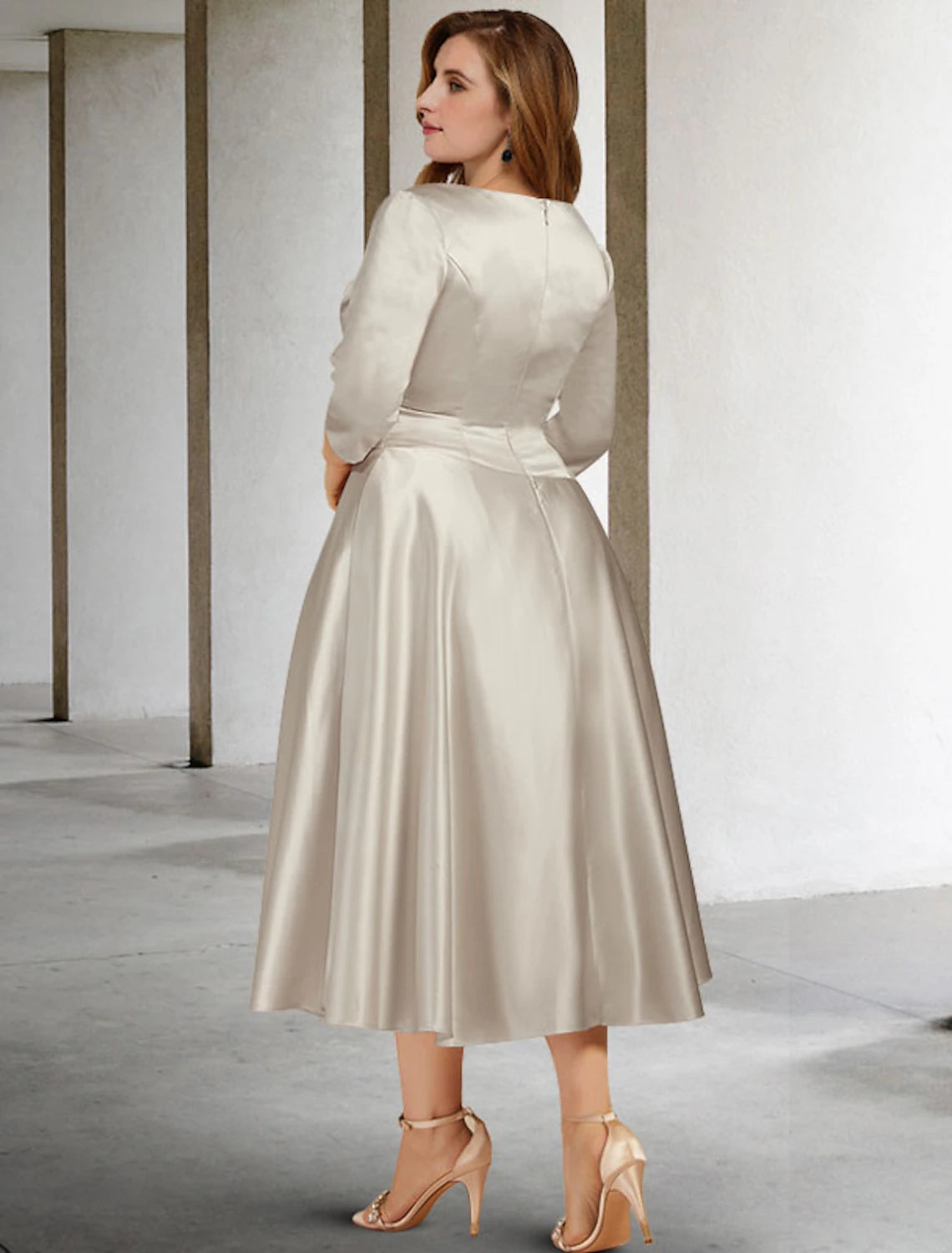 Champagne Satin A-Line Tea-Length Bridesmaid Dress with Draped V-Neck & 3/4 Sleeves