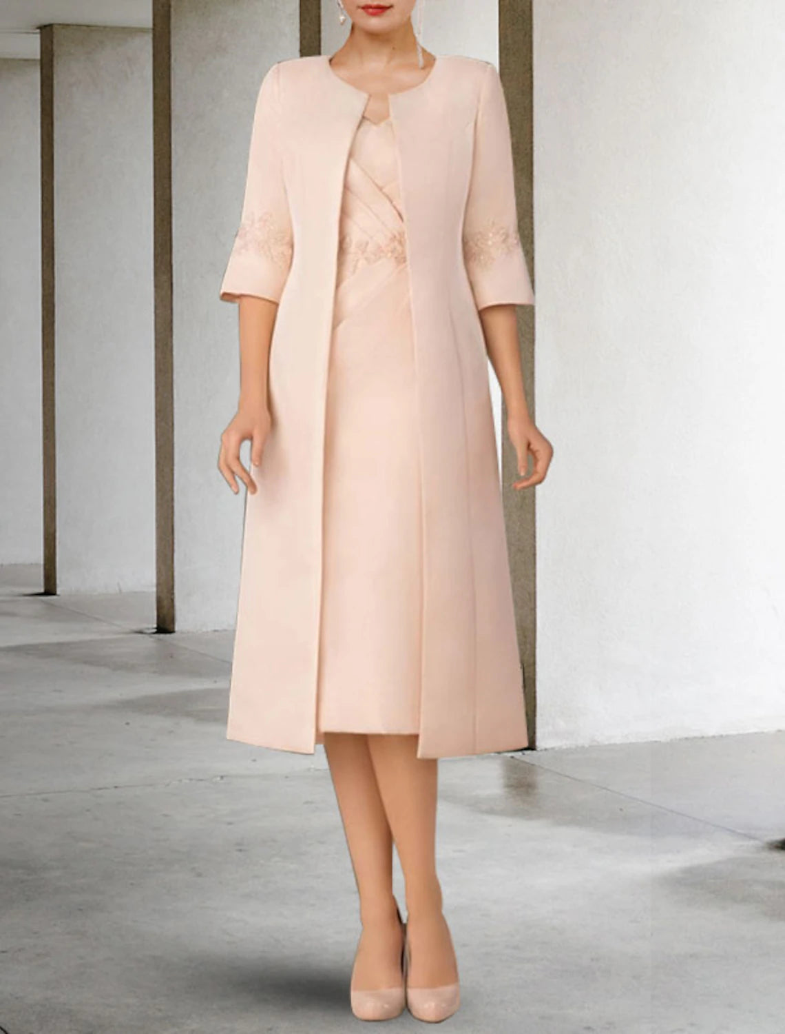 Vestido de Madre de la Novia de Dos Piezas con Corte en Columna/Iglesia Elegante de Invierno con Chaqueta Manga Corta Escote en V Largo hasta la Rodilla Encaje Gasa Apliques Lateral Drapeado