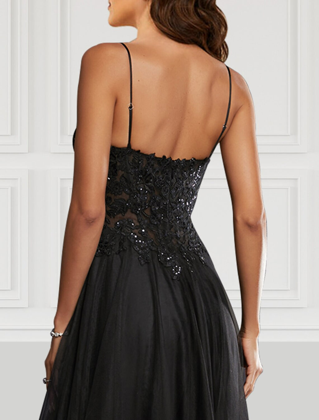 Black Chiffon A-Line Floor-Length Evening Dress with Sequin Bodice & High Slit