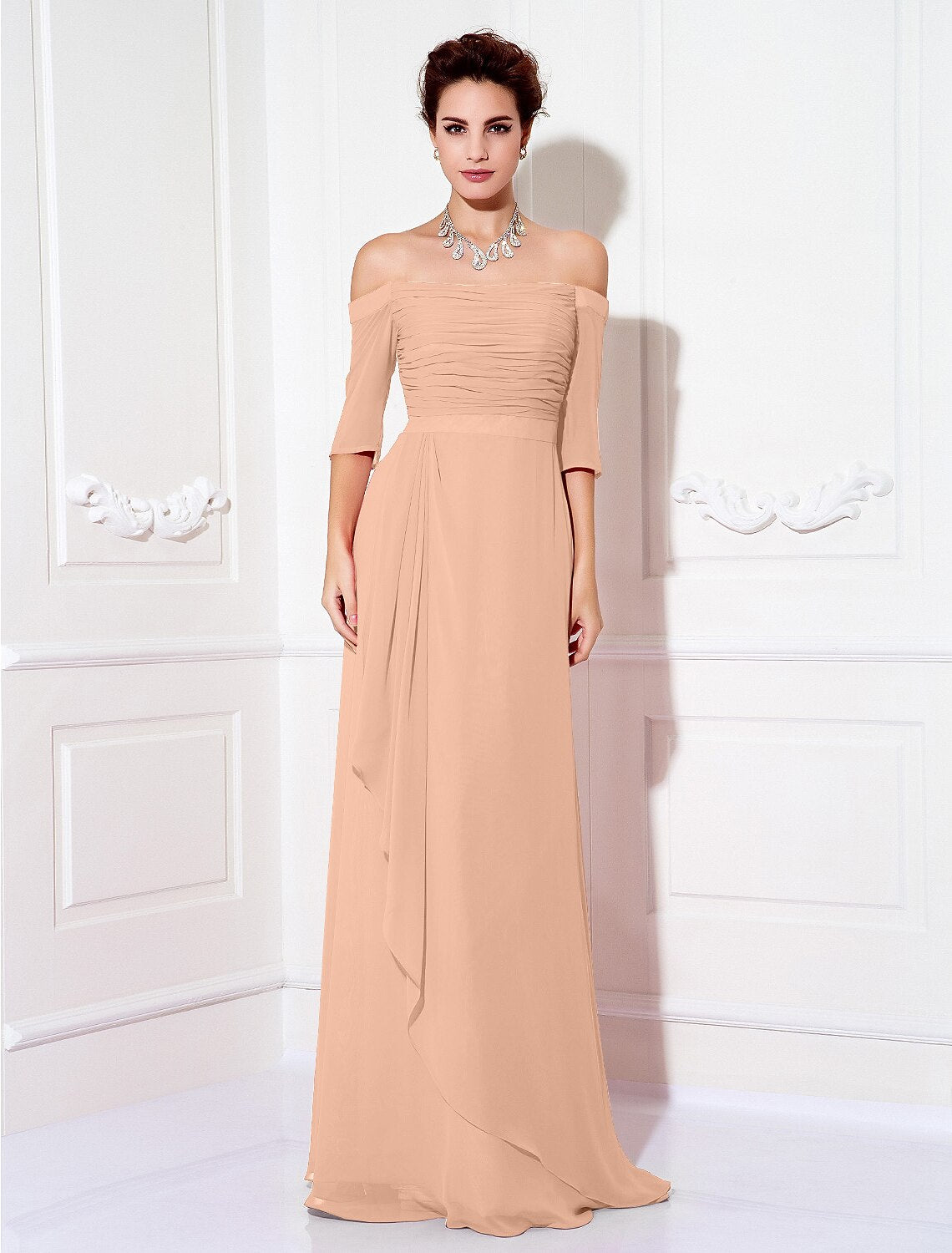 Coral Chiffon A-Line Off-the-Shoulder Floor-Length Bridesmaid Dress with Ruched Bodice