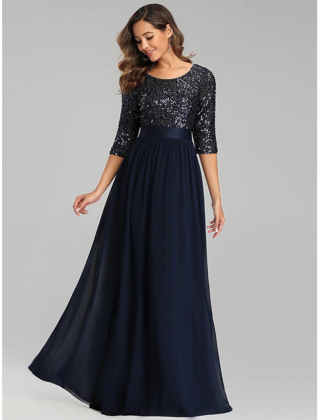 Abito da sera formale elegante a trapezio per invitati a nozze, scollo gioiello, maniche a 3/4, lunghezza pavimento, in tulle con paillettes