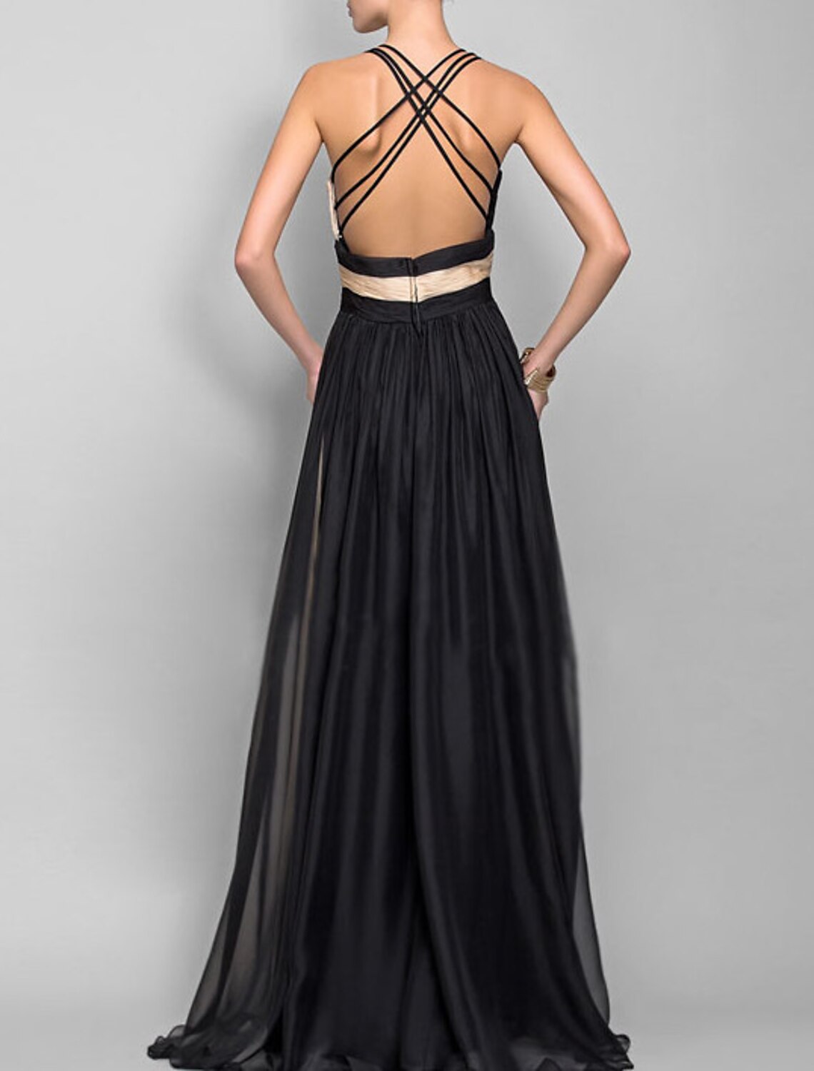 Vestido de noche de corte A con bloques de color, para recepción de boda, largo hasta el suelo, sin mangas, cuello en V, de gasa con fruncido
