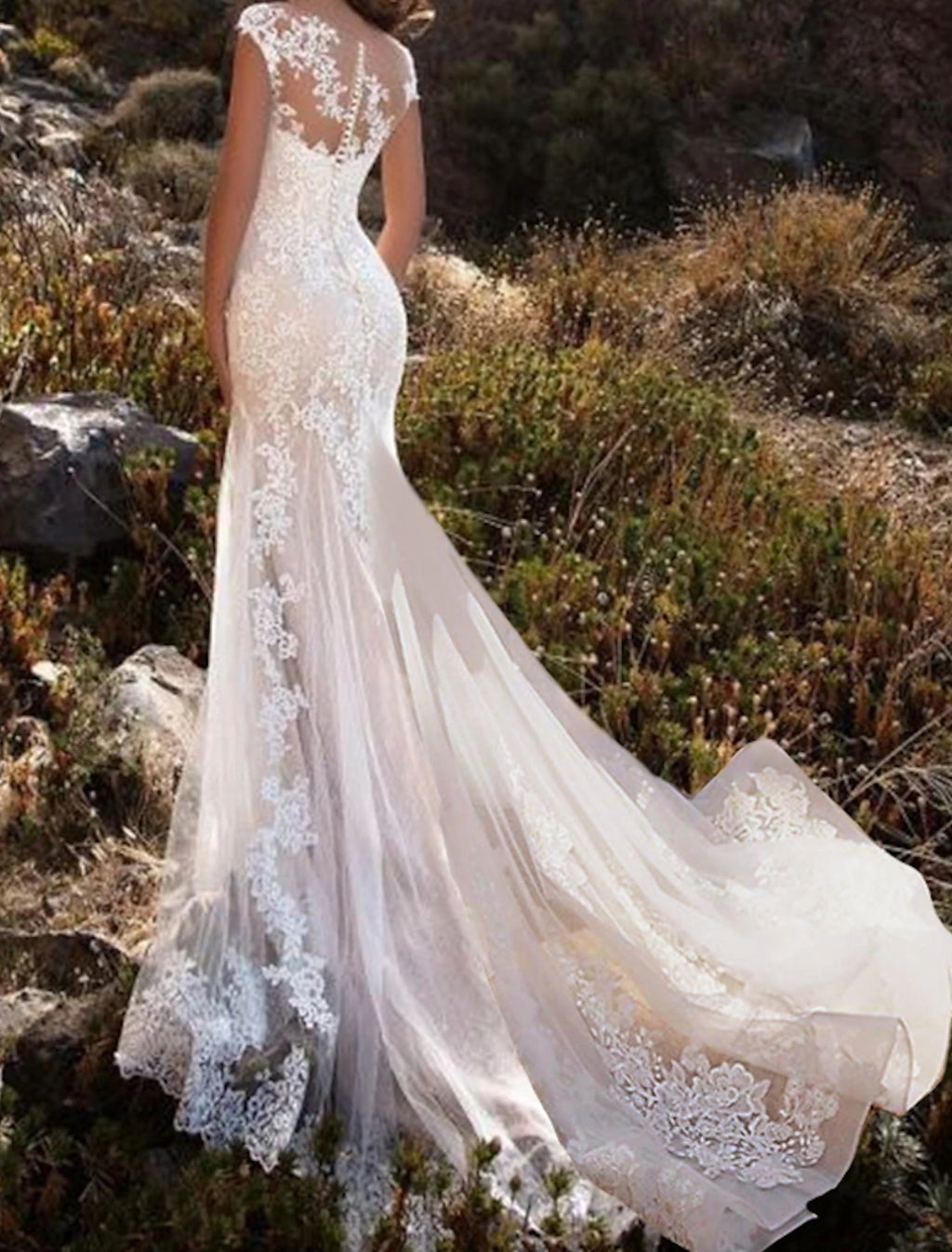 Ivory Lace Mermaid Floor-Length Dress with Sweetheart Neckline & Illusion Back