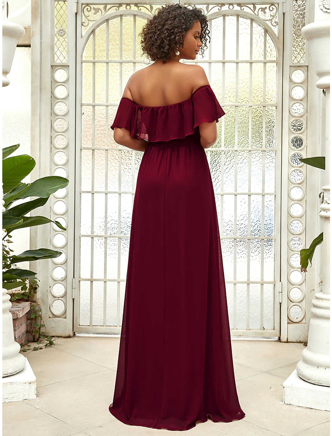 Burgundy Chiffon Off-the-Shoulder A-Line Floor-Length Bridesmaid Dress with Off-the-Shoulder Ruffle & High Slit