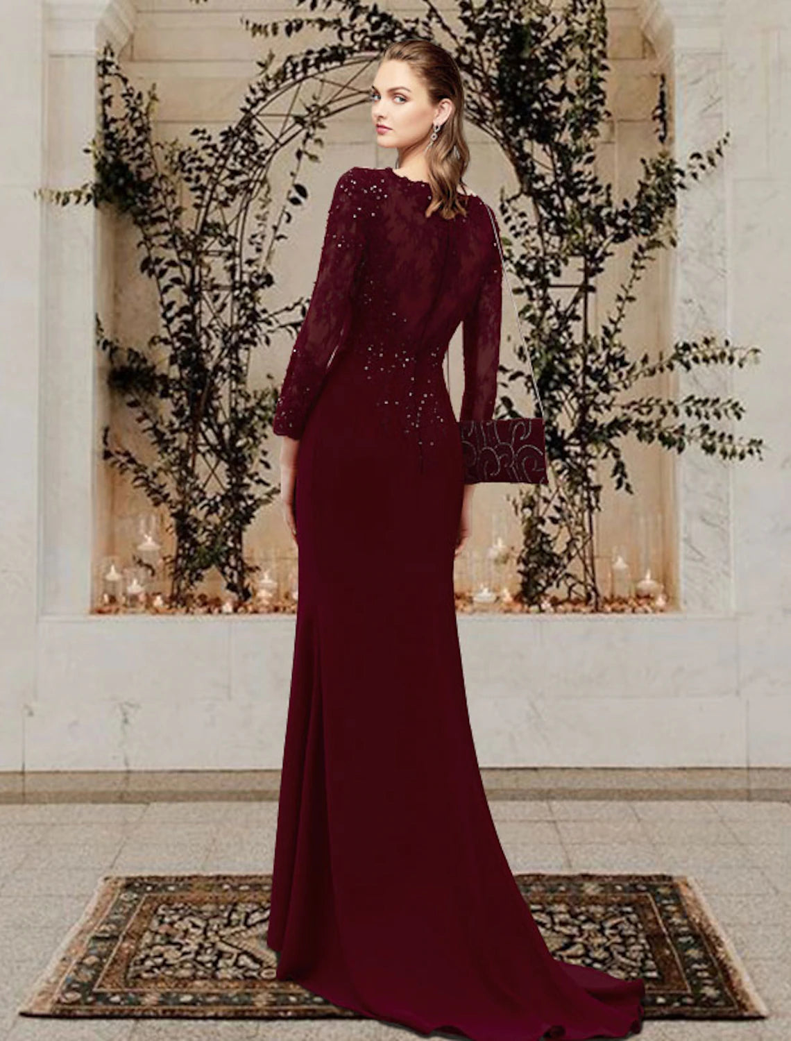 Vestido elegante de sirena/trompeta para madre de la novia, escote joya, cola larga de gasa, encaje, tul y apliques