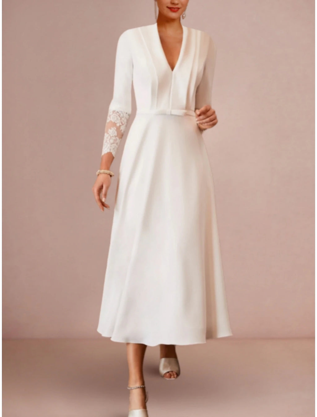 Ivory Crepe A-Line Tea-Length V-Neck Dress with Pleated Bodice & Lace Cuffs