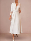 Ivory Crepe A-Line Tea-Length V-Neck Dress with Pleated Bodice & Lace Cuffs