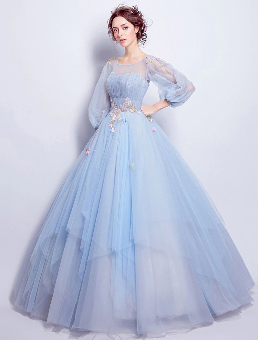 Sky Blue Tulle Ball Gown Floor-Length Dress with Illusion Neck & Floral Embroidery