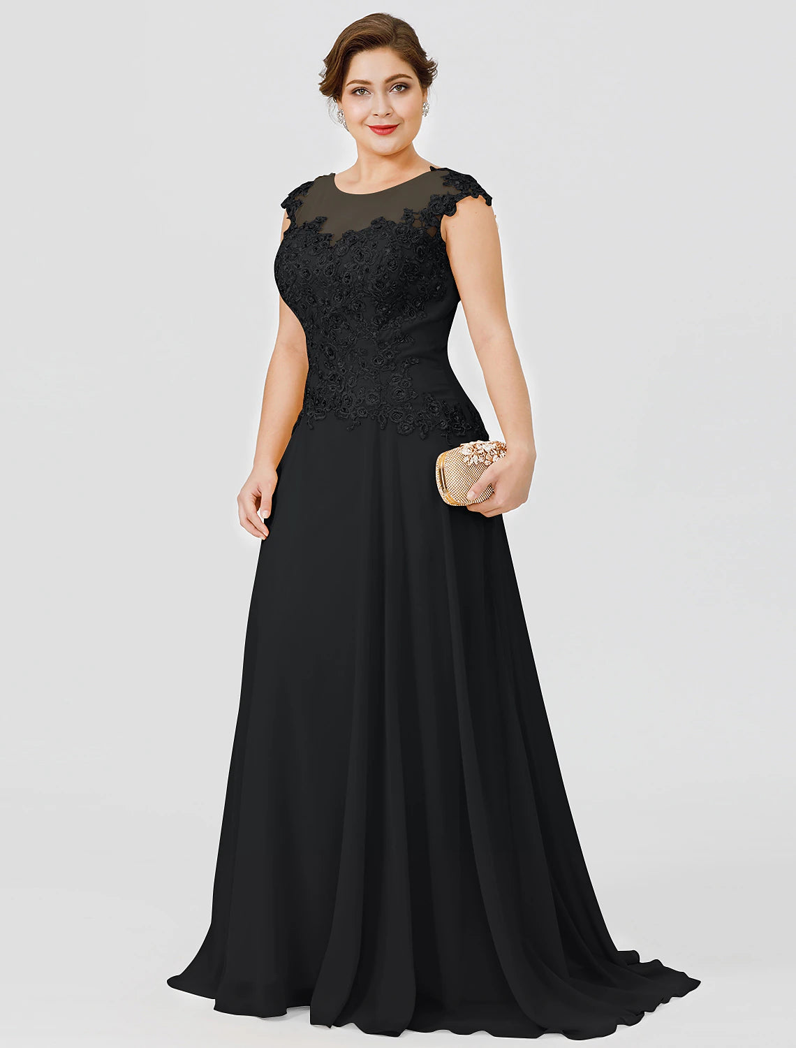 Abito da cerimonia per la madre della sposa, elegante, in stile a trapezio, con scollo a V, in chiffon, con perline e pizzo, a maniche corte, senza fiocco/fiocco/i e pieghe.