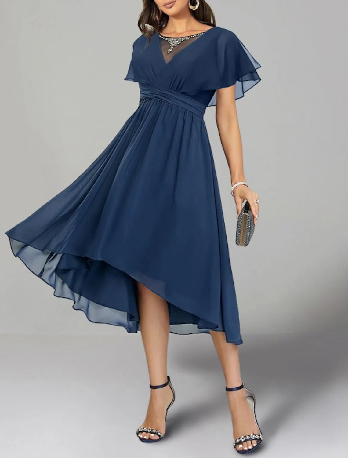 Dark Navy Chiffon A-Line Asymmetrical Bridesmaid Dress with Illusion V-Neck and Ruched Waist
