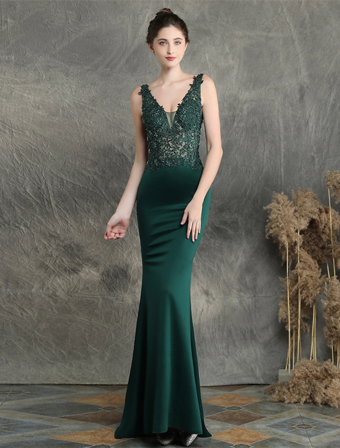 Vestido de noche de sirena/trompeta con espalda abierta, vestido formal para invitadas de boda, cola larga/cortada, sin mangas, escote en V, mezcla de algodón con apliques de cuentas