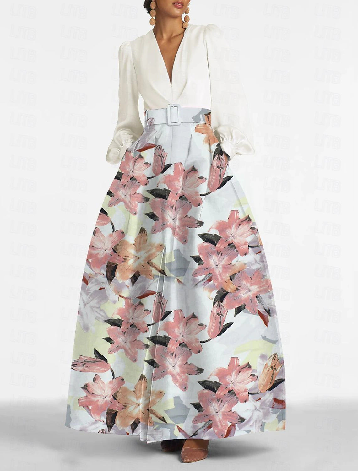 White Satin V-Neck A-Line Floor-Length Dress with Floral Pleated Skirt