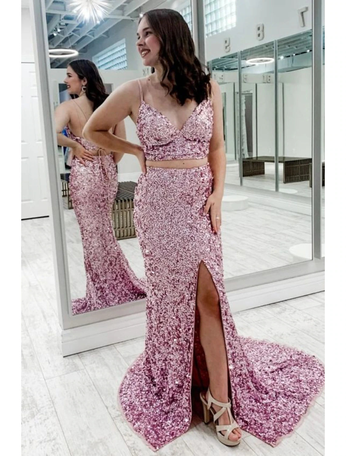 Blushing Pink Sequin Mermaid Floor-Length Evening Dress with High Slit & Lace-Up Back
