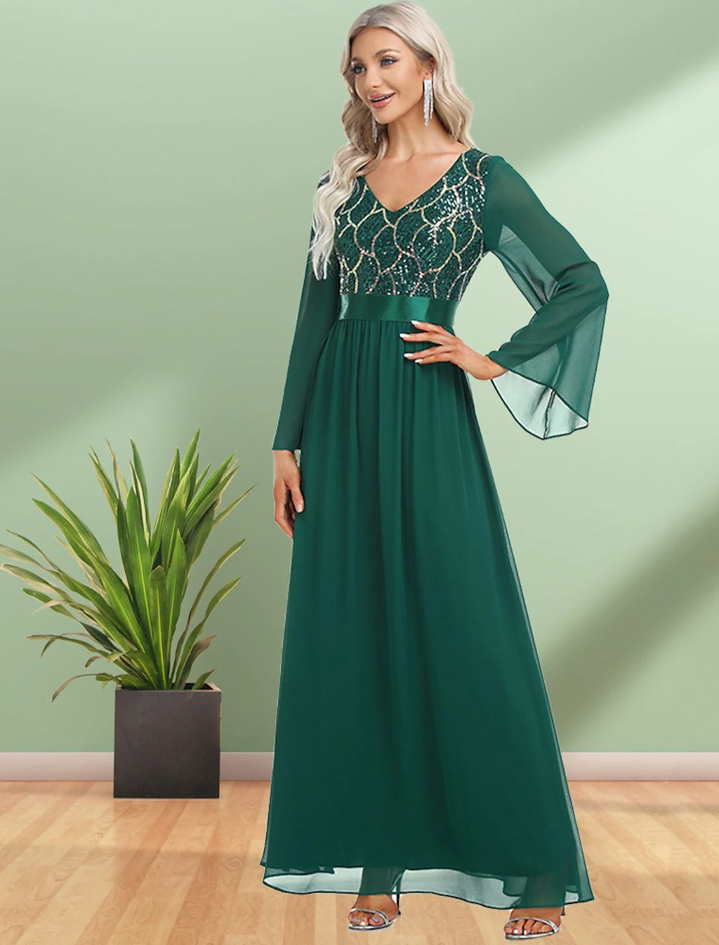 Emerald Chiffon A-Line V-Neck Floor-Length Dress with Sequin Bodice