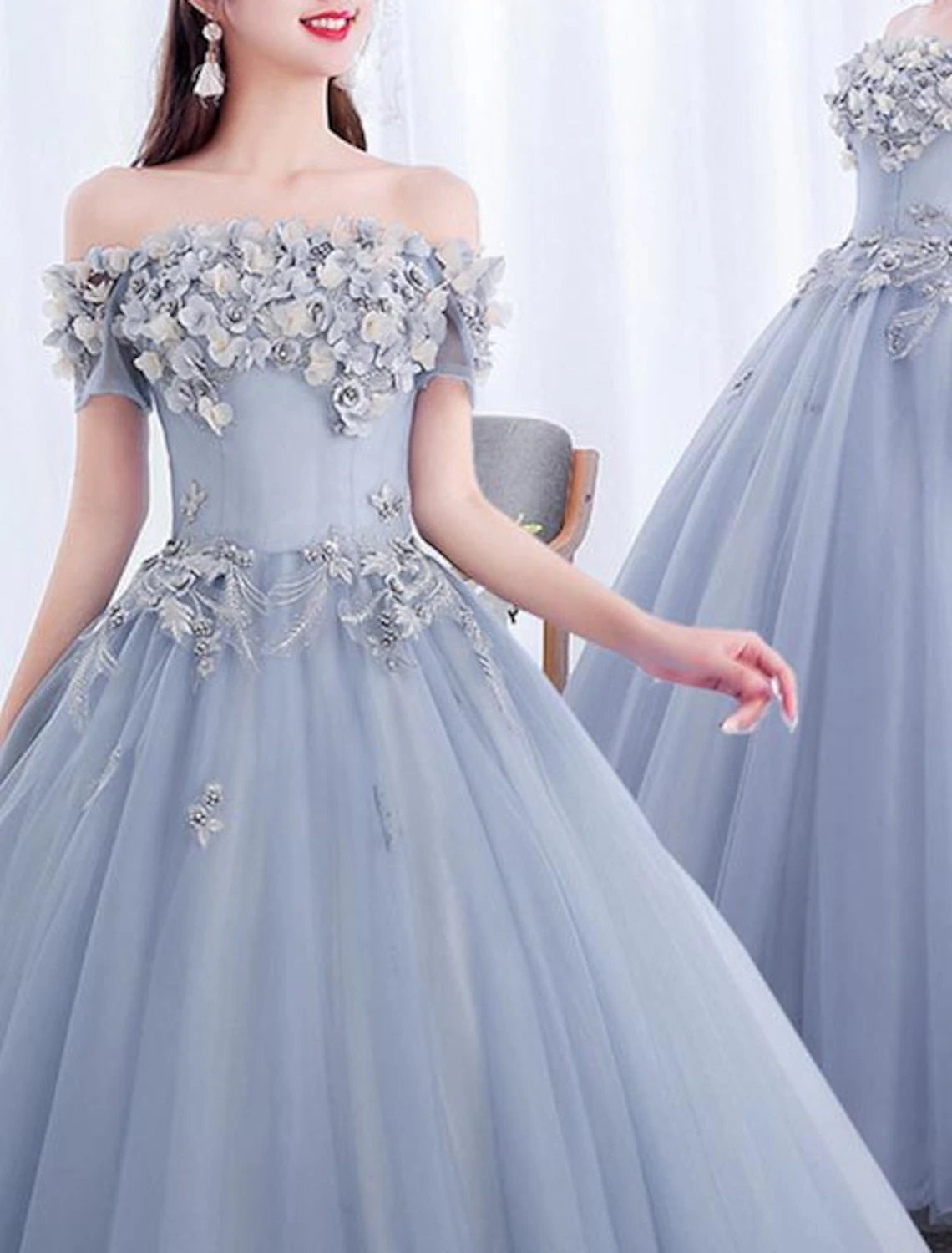 Ball Gown Prom Dresses Floral Dress Quinceanera Prom Floor Length Short Sleeve Off Shoulder Polyester with Appliques Pure Color