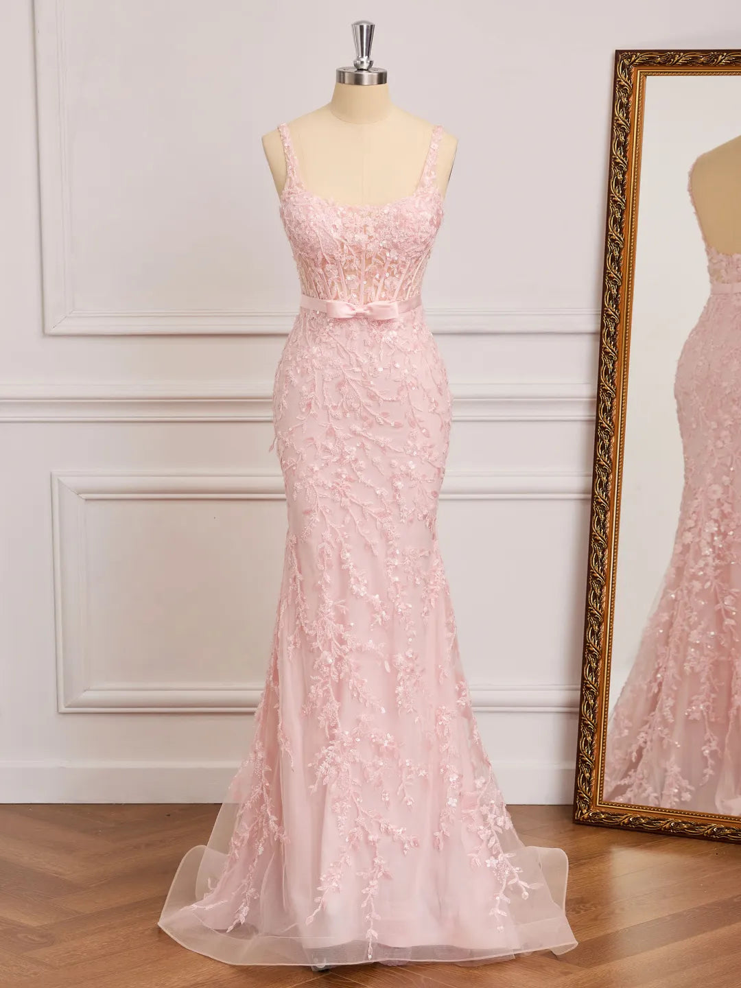 Gorgeous Mermaid Square Neck Sleeveless Low Back Floor Prom Gown