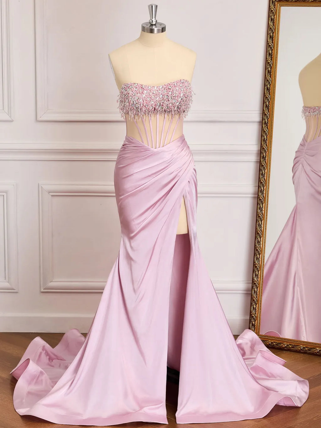 Satin Mermaid Strapless Sweetheart Open Back Long Prom Gown