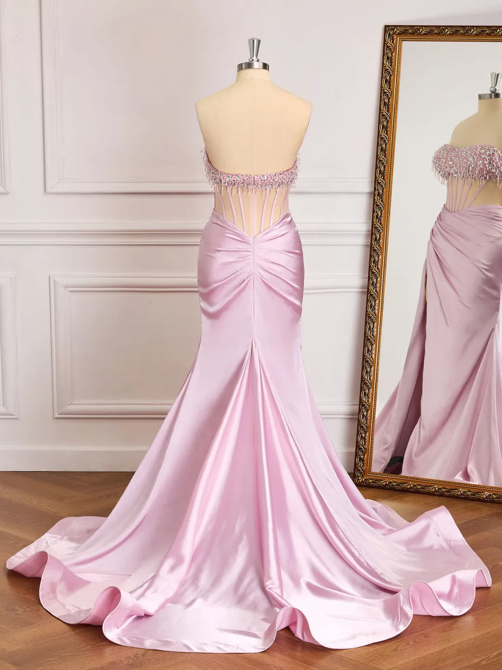 Satin Mermaid Strapless Sweetheart Open Back Long Prom Gown