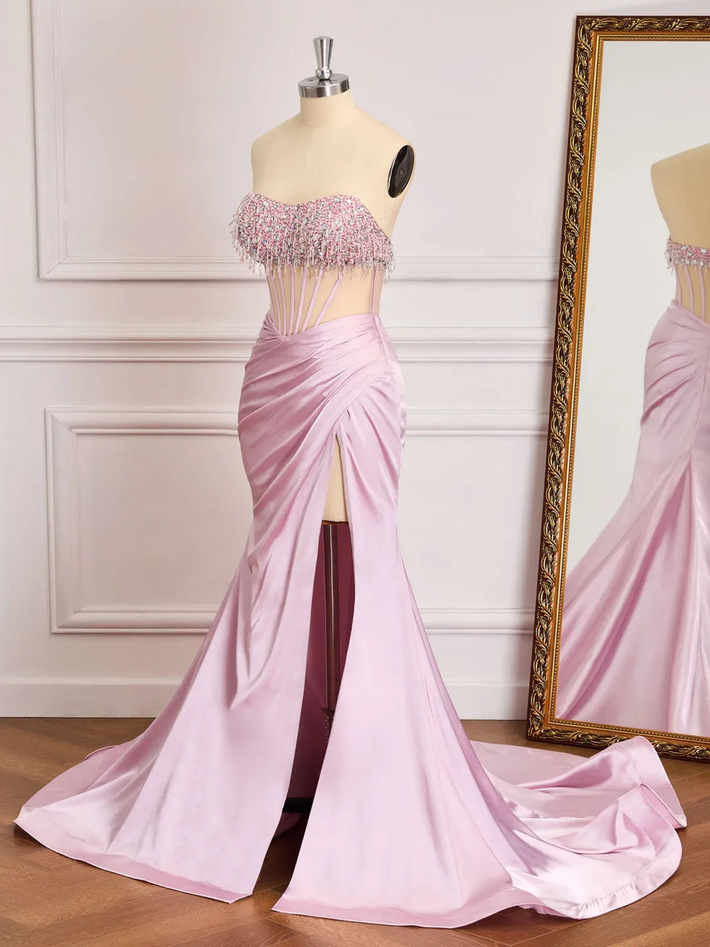 Satin Mermaid Strapless Sweetheart Open Back Long Prom Gown