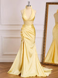 Satin Mermaid Halter V-Neck Sleeveless Bow Back Long Prom Gown