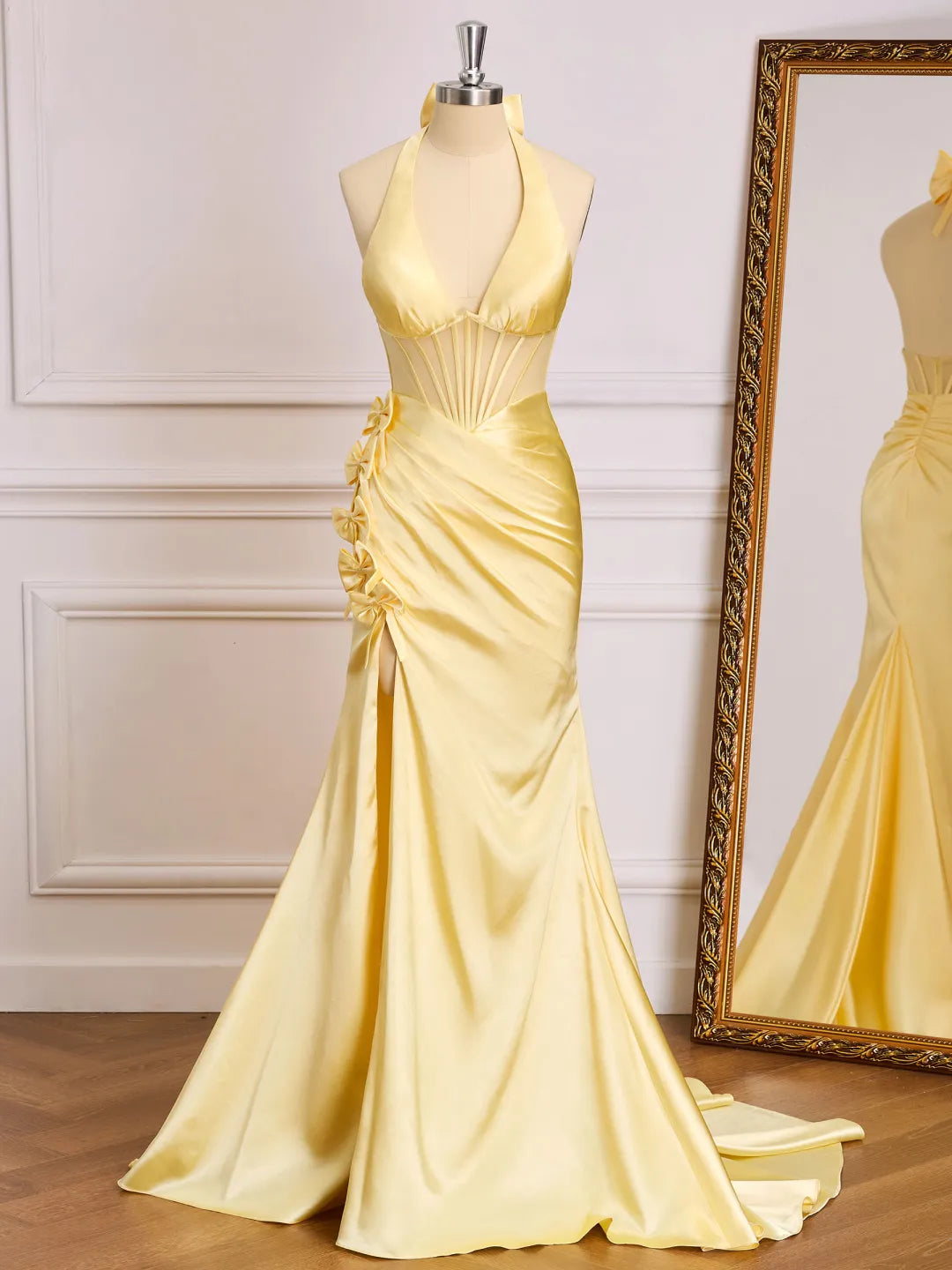 Satin Mermaid Halter V-Neck Sleeveless Bow Back Long Prom Gown