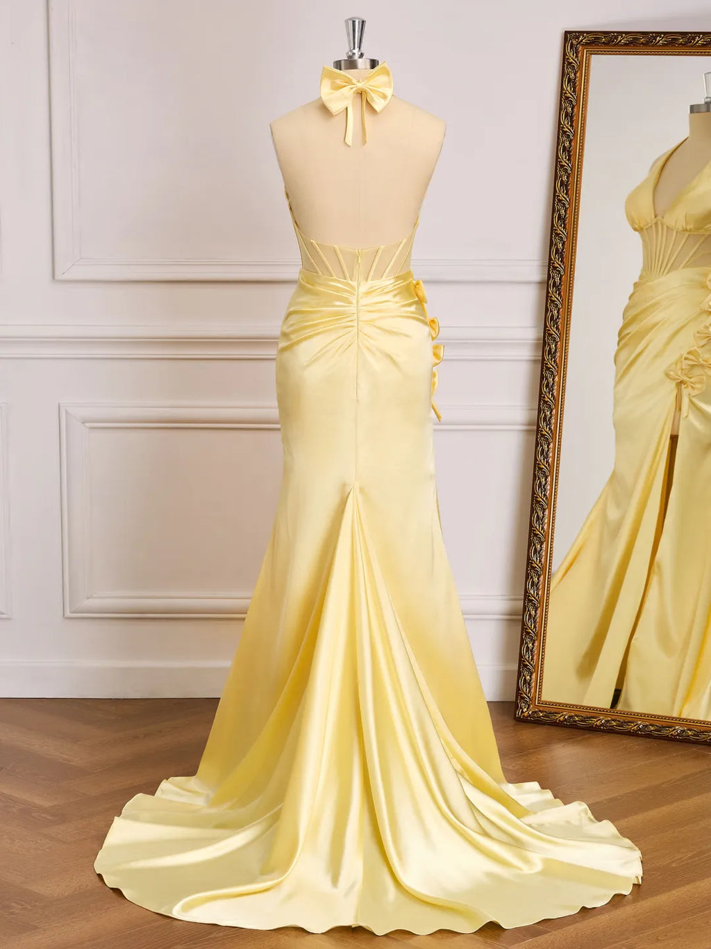 Satin Mermaid Halter V-Neck Sleeveless Bow Back Long Prom Gown