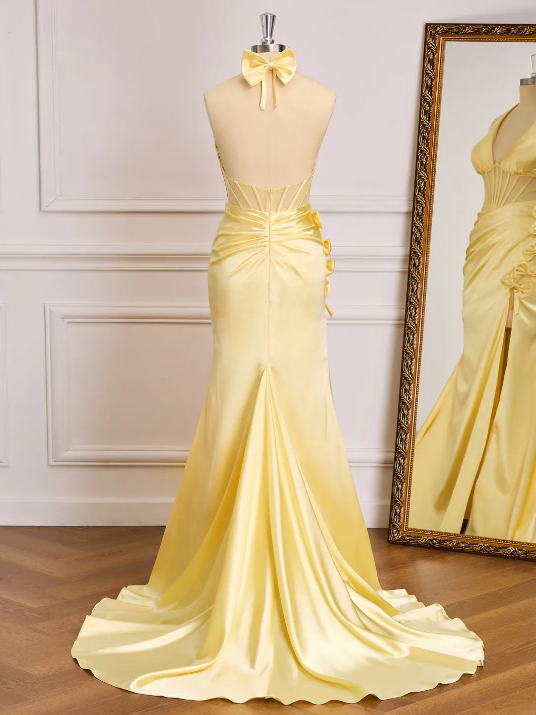 Satin Mermaid Halter V-Neck Sleeveless Bow Back Long Prom Gown