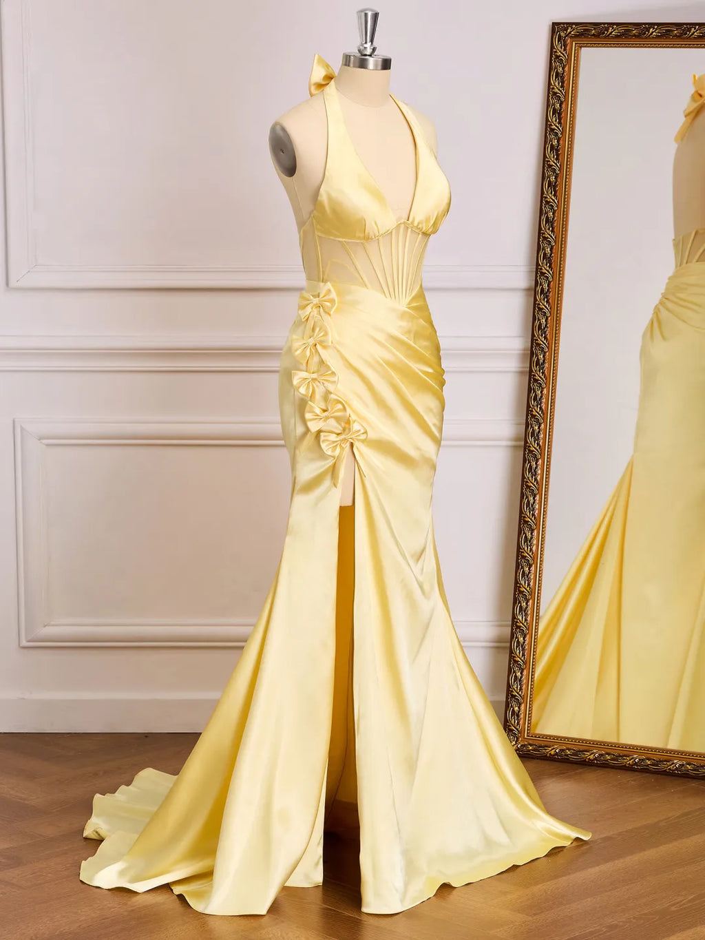 Satin Mermaid Halter V-Neck Sleeveless Bow Back Long Prom Gown