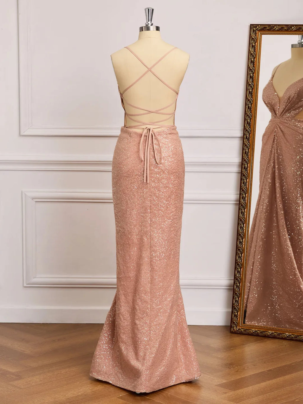 Sparkly Mermaid V-Neck Spaghetti Straps Lace Up Back Long Prom Gown