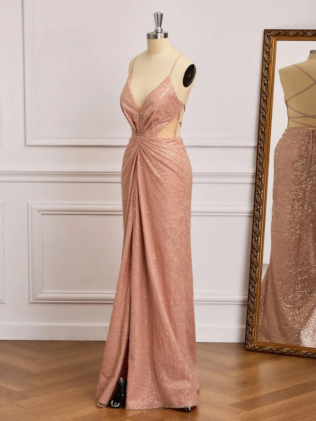 Sparkly Mermaid V-Neck Spaghetti Straps Lace Up Back Long Prom Gown